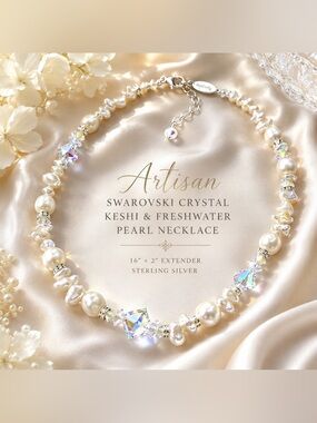 Artisan Swarovski Crystal Keshi Pearl Freshwater Pearl Sterling Necklace 16” 925